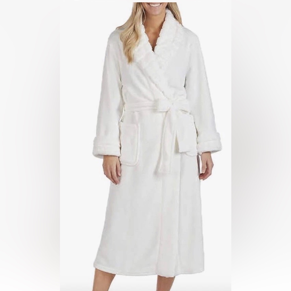 Carole Hochman Bathrobe Women's Size Small Plush Ivory Fur Trim Soft Robe